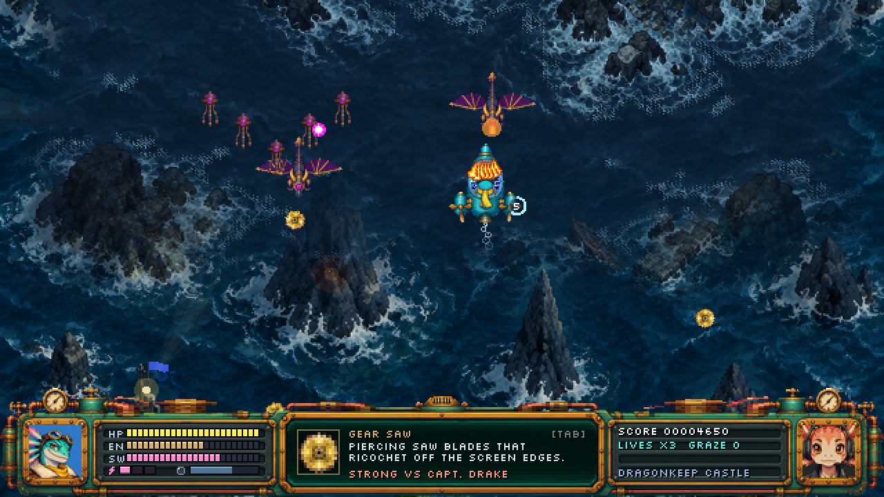 Wingnut gameplay: the pod battling winged purple dragon drones and tripod sentries over a choppy dark ocean