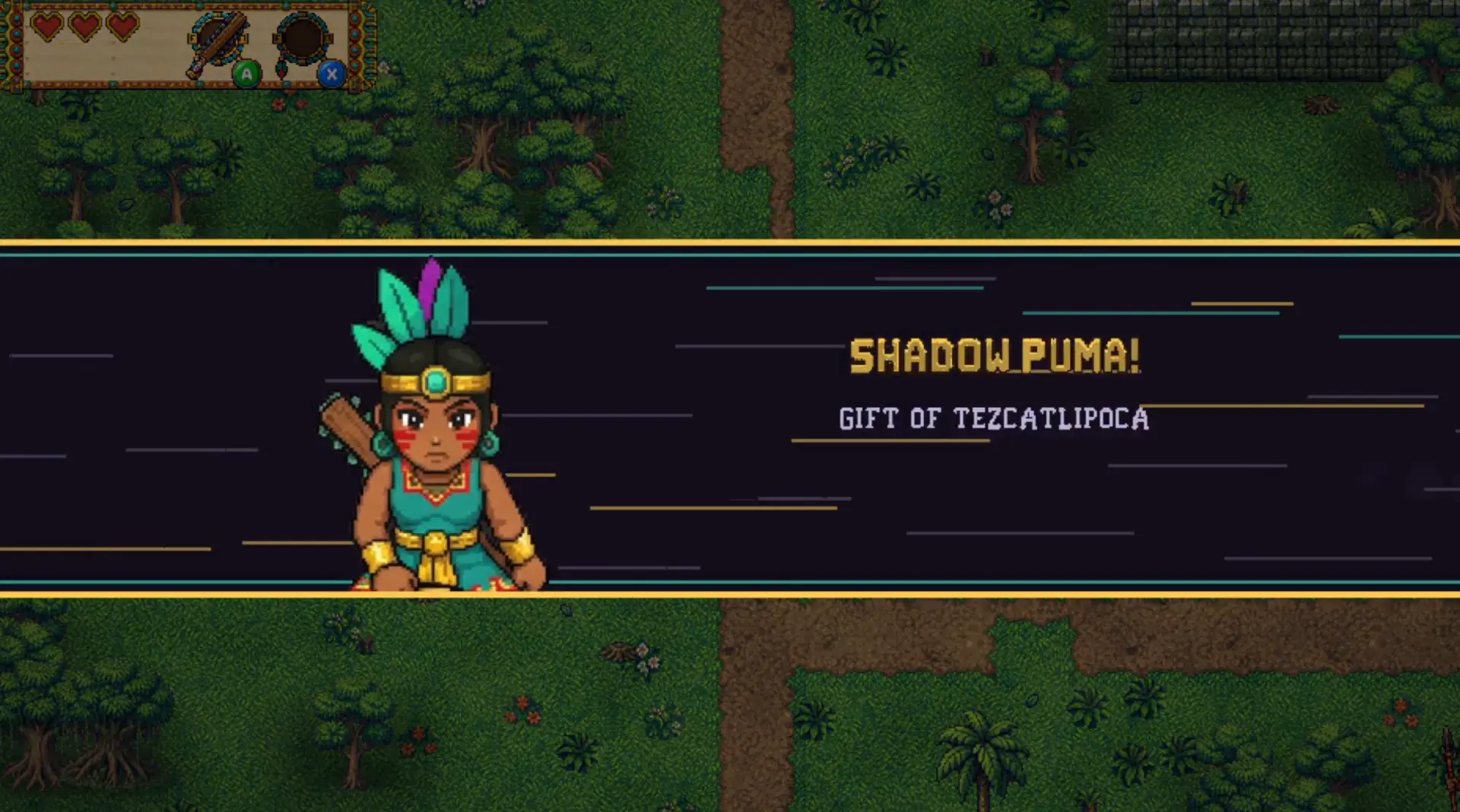 Quetzal ability cut-in: a fierce portrait of the warrior girl with red war paint and turquoise feathers on a dark banner streaked with teal and gold, reading SHADOW PUMA — GIFT OF TEZCATLIPOCA over jungle gameplay