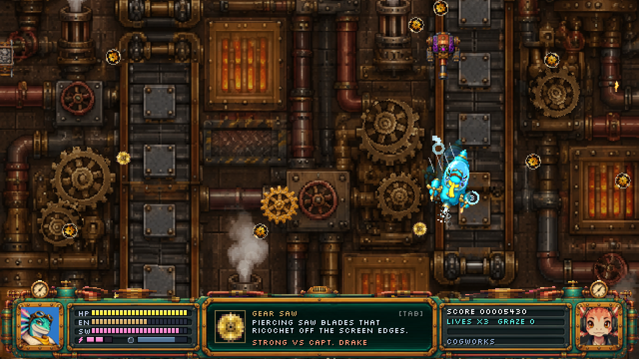 Wingnut gameplay: the pod ship weaving through golden gear-saw projectiles in a steampunk factory of belts and pipes