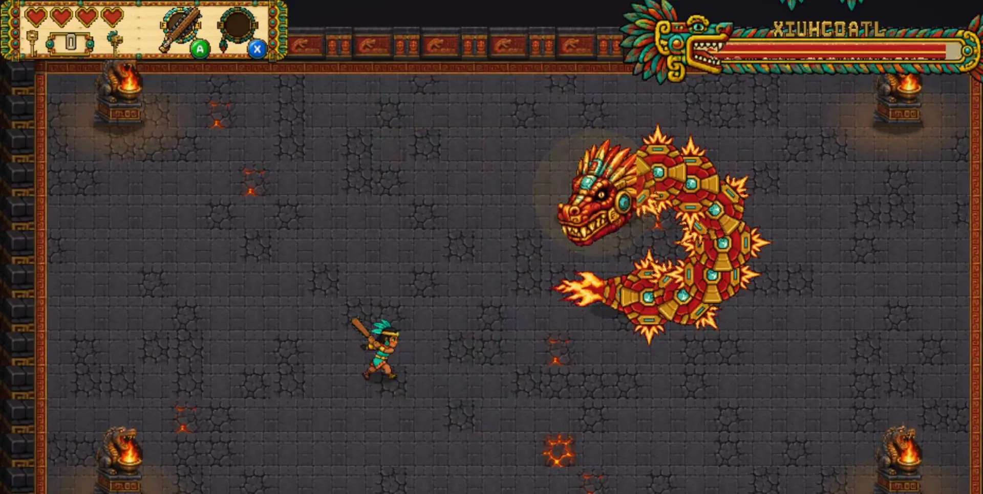 Quetzal boss fight: the warrior girl faces Xiuhcoatl, a massive serpent of glowing red and gold segmented plates with turquoise core gems and a flaming tail, coiled in a stone dungeon arena lit by four beast-head braziers