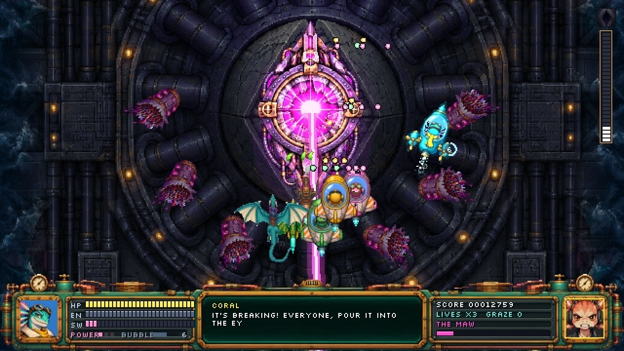 Wingnut gameplay: the bubble pod and a teal dragon firing at a cracked mechanical eye boss in a dark chamber