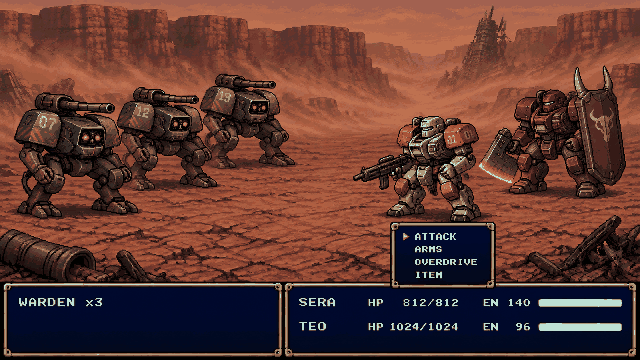 Auroch battle screen: two player mechs, one white and orange aiming a rifle and one rust-colored raising a glowing battle axe and horned shield, facing three walker tanks on cracked wasteland ground, with a command menu reading Attack, Arms, Overdrive and Item