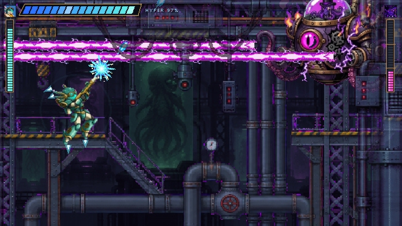 Wingnut gameplay: an armored teal warrior leaping across metal platforms toward a one-eyed mechanical octopus firing twin purple lasers