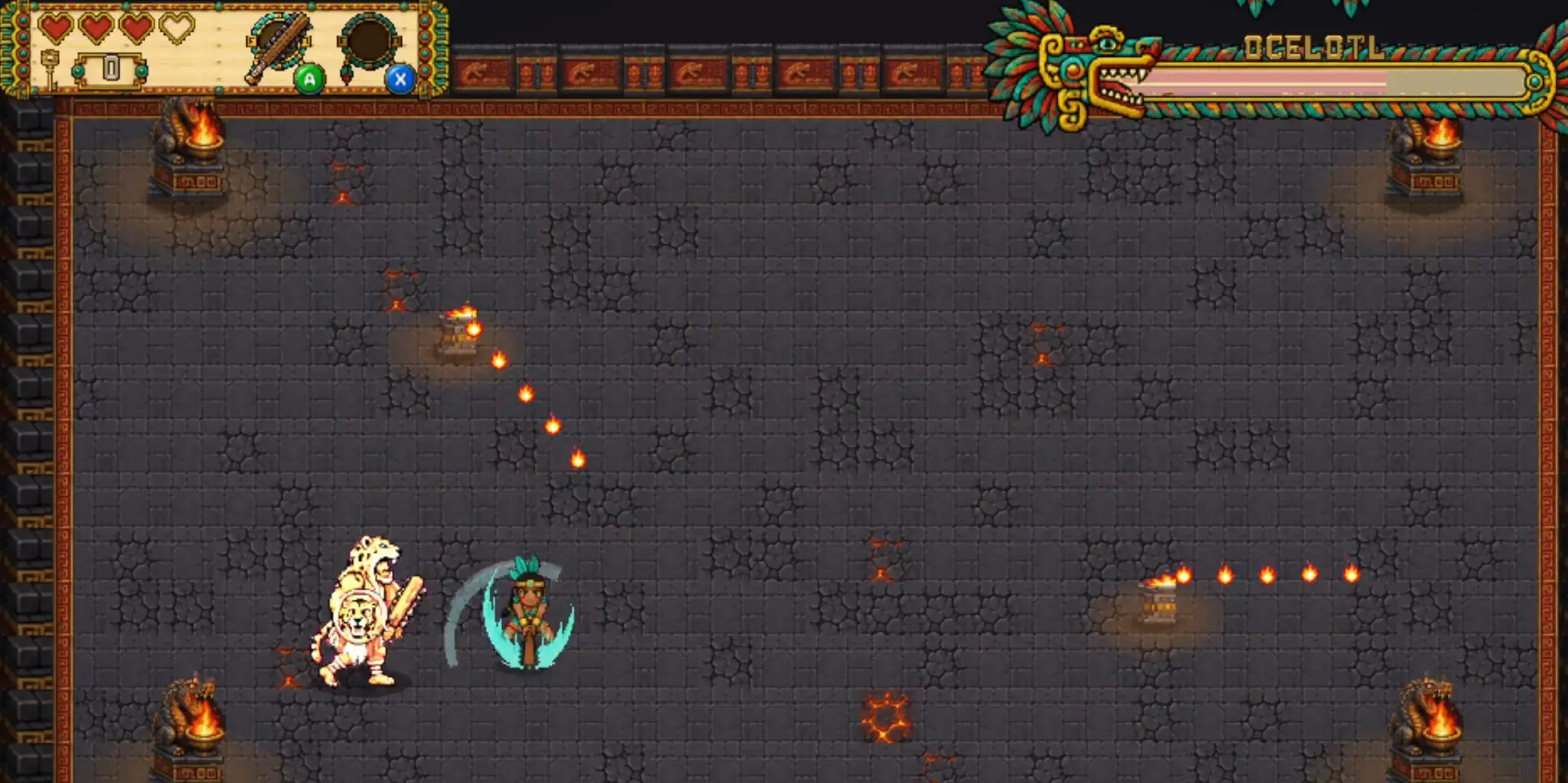 Quetzal boss fight: the warrior girl slashes with a teal arc of light toward Ocelotl, a jaguar-pelt warrior raising an obsidian club and shield in a dark temple arena ringed by burning serpent braziers and lava cracks