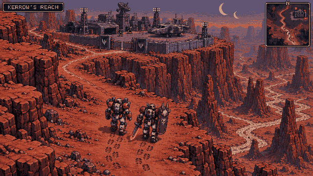 Auroch gameplay: two bipedal mechs walking a dusty red canyon path toward a walled military base with satellite dishes and a landed dropship, twin moons in the dusk sky, with the location label Kerrow's Reach in the corner