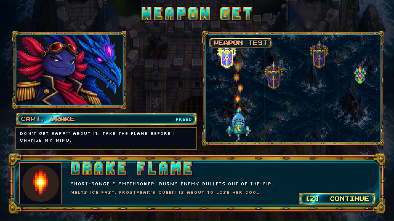 Wingnut weapon get screen: an axolotl captain portrait beside a preview of the blue vessel firing flamethrower bursts at shielded enemies