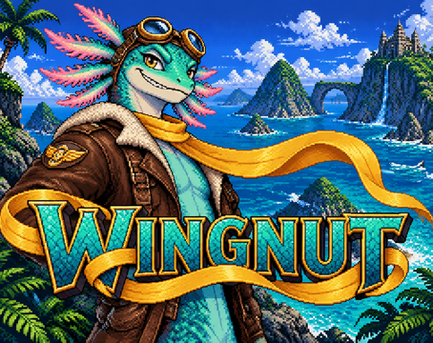 Wingnut key art: a grinning teal axolotl pilot in a flight jacket and goggles in front of a tropical coastline with the Wingnut logo