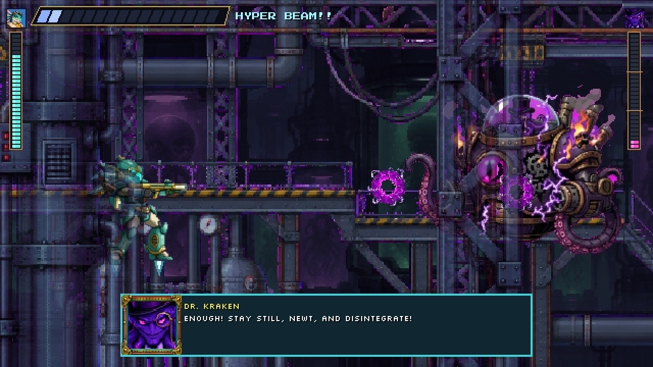 Wingnut gameplay: an armored pilot hovering on the left targeting Dr. Kraken's steampunk octopus-mech crackling with purple electricity