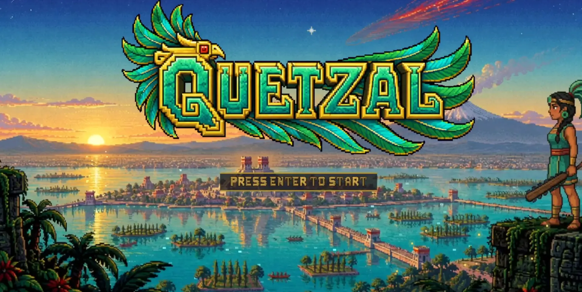 Quetzal title screen: an Aztec warrior girl with a turquoise feathered headdress stands on a ruin cliff overlooking Tenochtitlan at sunrise, twin temples on an island, chinampa gardens, boats on the lake and a volcano on the horizon beneath the gold and teal QUETZAL logo