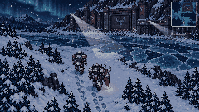Auroch gameplay: two mechs trekking through deep snow between pine trees toward a mountain fortress gate with searchlights and a winged emblem, a frozen river in front and an aurora in the night sky