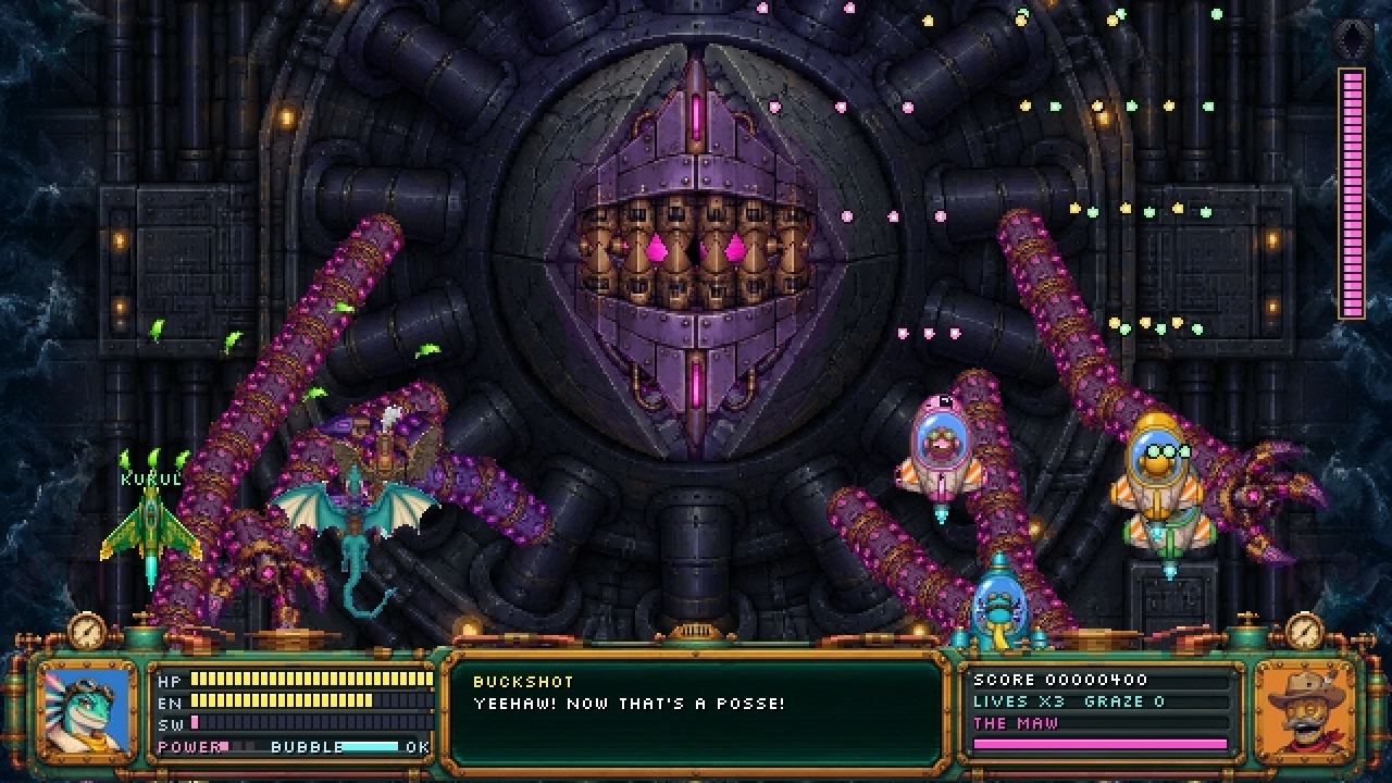 Wingnut gameplay: allied ships and a teal dragon facing a mechanical maw boss reaching out with purple tentacles in a circular vault