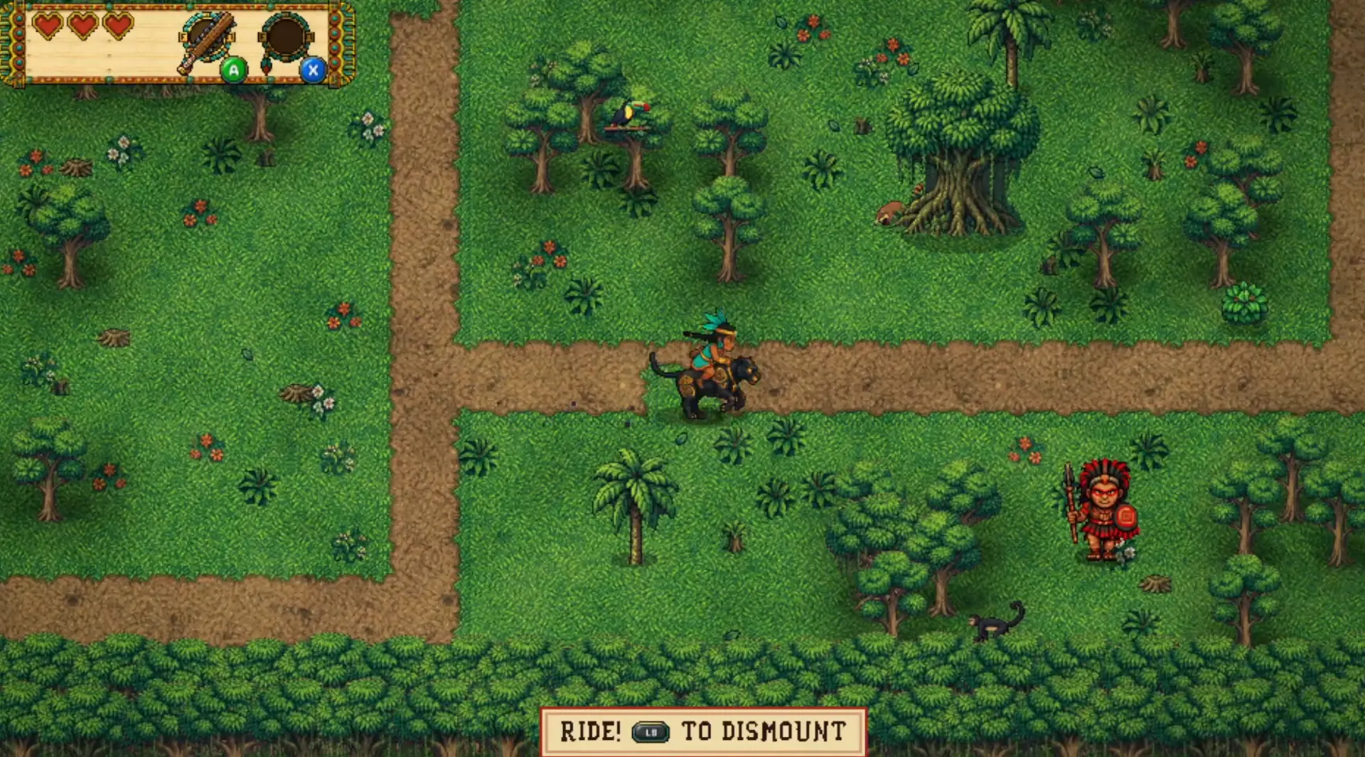 Quetzal gameplay: the warrior girl rides a black panther along a dirt crossroads in a lush Mesoamerican jungle, a spear-and-shield warrior in red standing nearby, a toucan on a branch and a monkey in the undergrowth, with a RIDE! [LB] TO DISMOUNT prompt